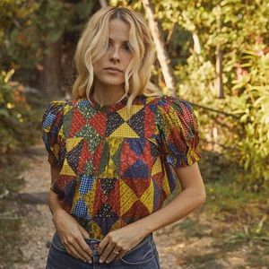 DOEN Alida Countryside Patchwork Puff Sleeve Cottagecore Cotton Top Small